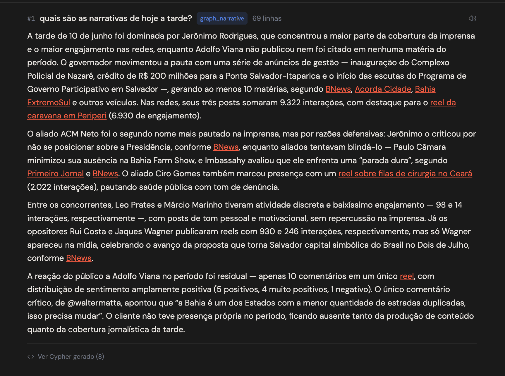 Resposta do chat do MADReS sobre as narrativas da tarde, com link de fonte por trás de cada afirmação